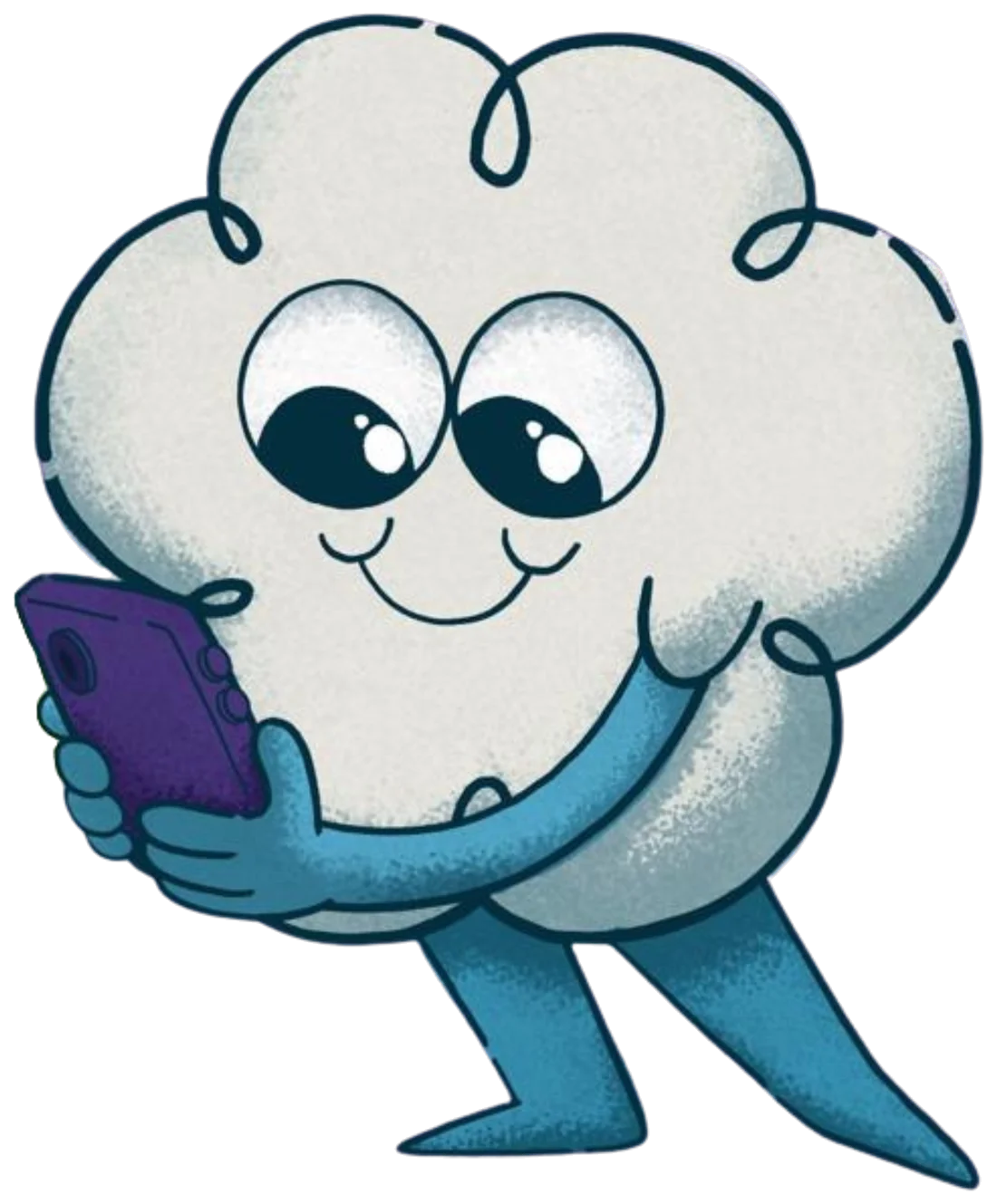 Mascote do Gentilmmente: uma nuvem sorridente, de braços e pernas azuis, olhando o celular